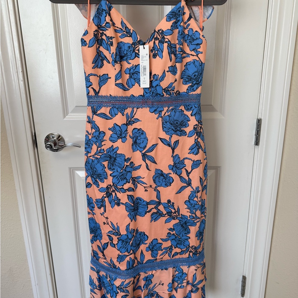 Alice + Olivia Peach and Blue/Coral Floral Midi Dress